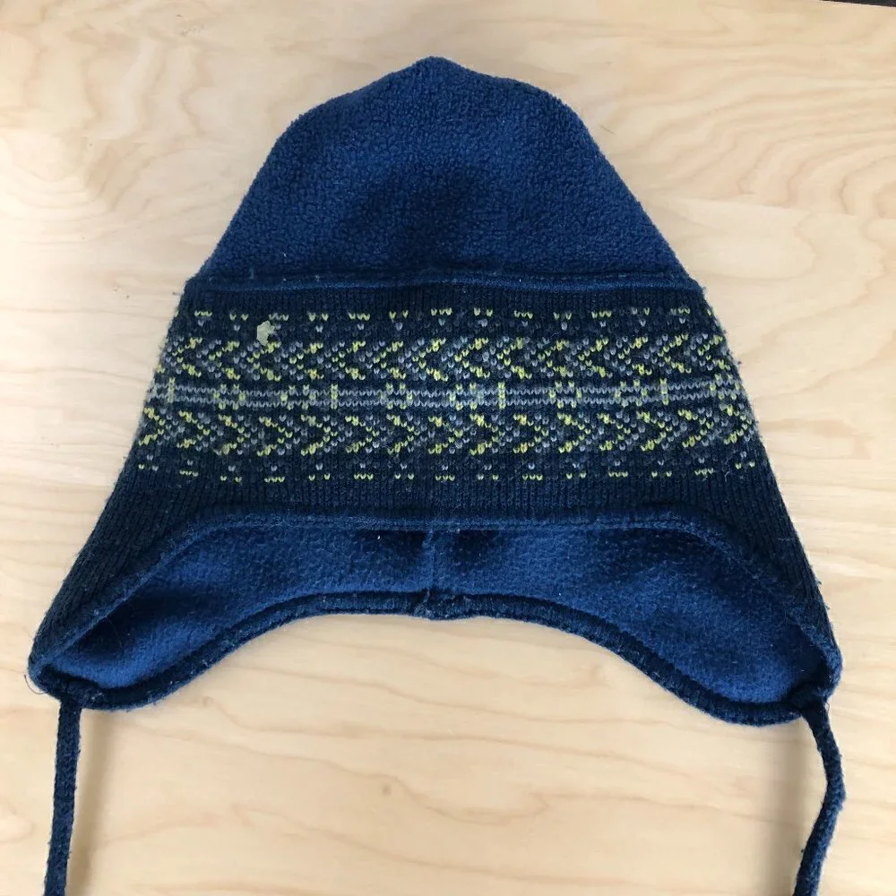 Columbia Knit Beanie Boy's One Size Blue & Yellow Fair Isle Earflaps Pom Pom